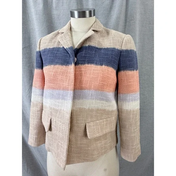 Tory Burch Striped Tweed Cropped Blazer Size 2 Neutral Multi Summer‎ Workwear - Picture 7 of 12